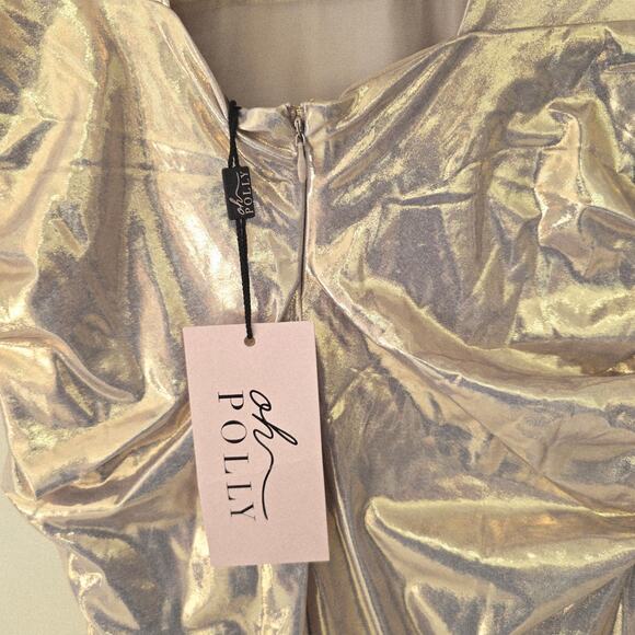 NWT Oh Polly Dalilah Metallic Maxi Gown Hooded A Light Gold Women's Size US 10 - Picture 10 of 12